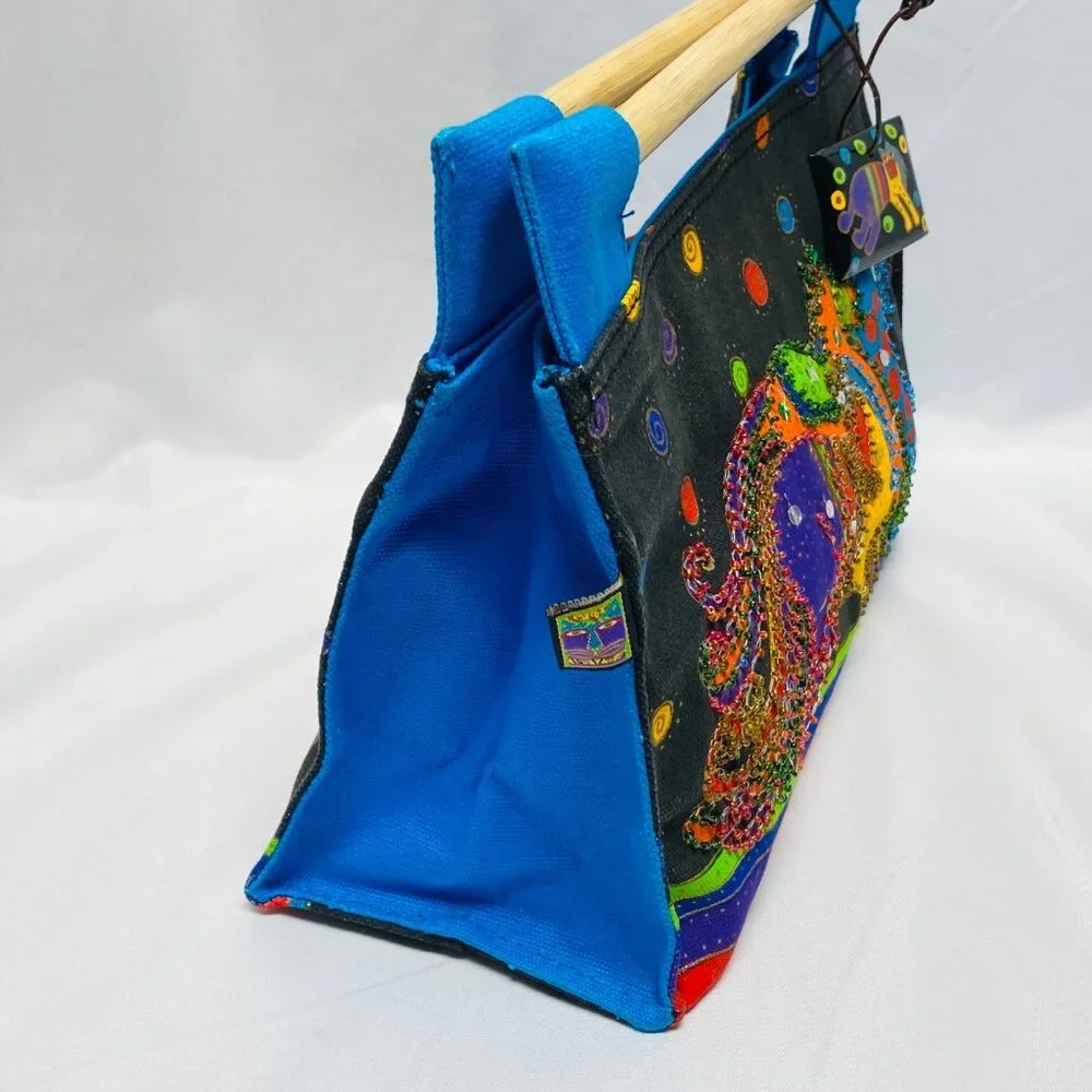 Laurel Burch Small Canvas Art Tote Bag With Blue Wooden Handles Horse Print